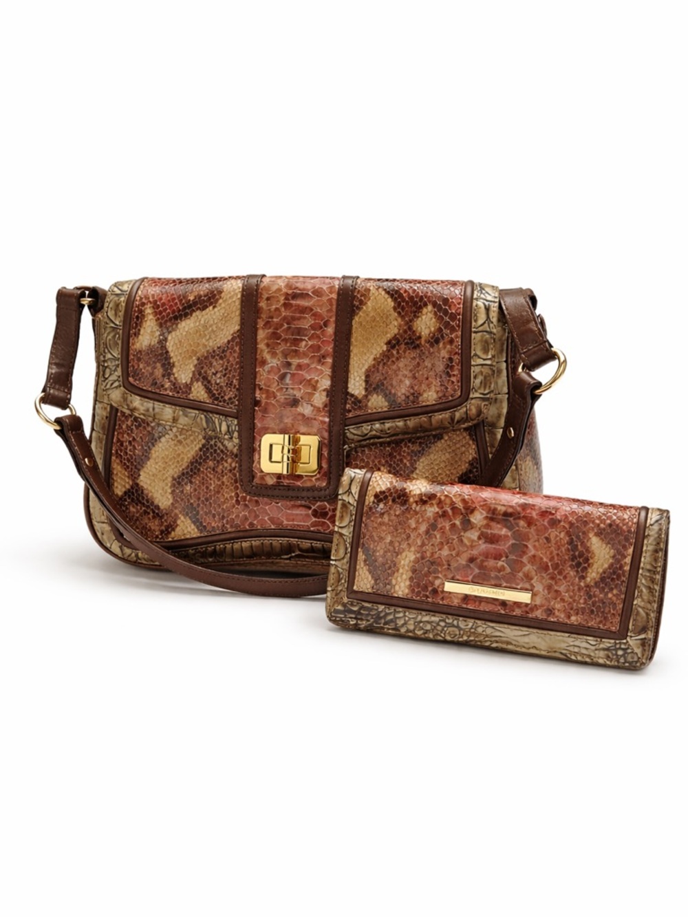 Brahmin Brown and Tan Snakeskin-Effect Shoulder Bag with Matching Wallet